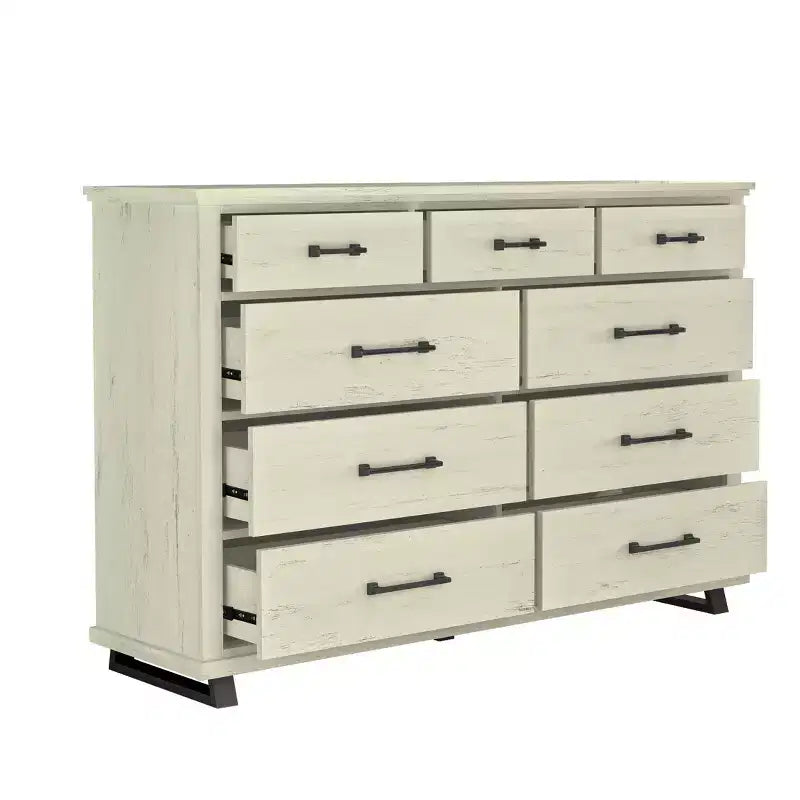 Commode Festivo contemporaine à 9 tiroirs et table de chevet à 3 tiroirs, coupe sciée blanc cassé : MDF, pieds en métal, anti-basculement