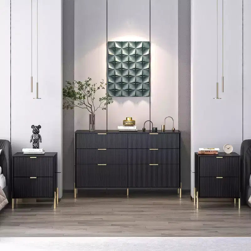 Festivo Ensemble de 2 tables de chevet à 2 tiroirs et d'une commode à 6 tiroirs, style élégance moderne, noir