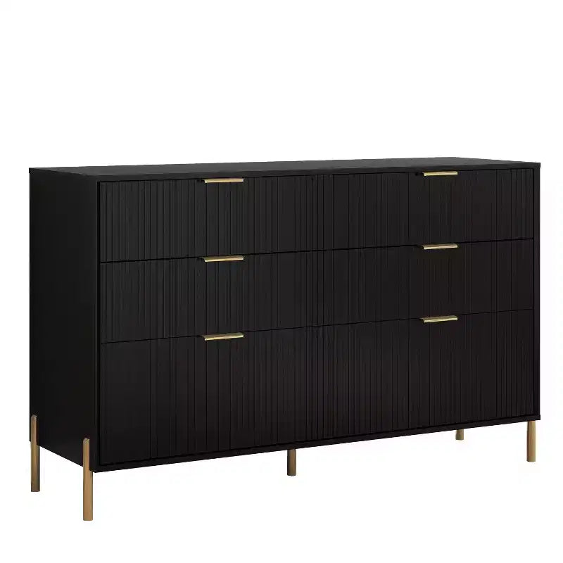 Festivo Ensemble de 2 tables de chevet à 2 tiroirs et d'une commode à 6 tiroirs, style élégance moderne, noir