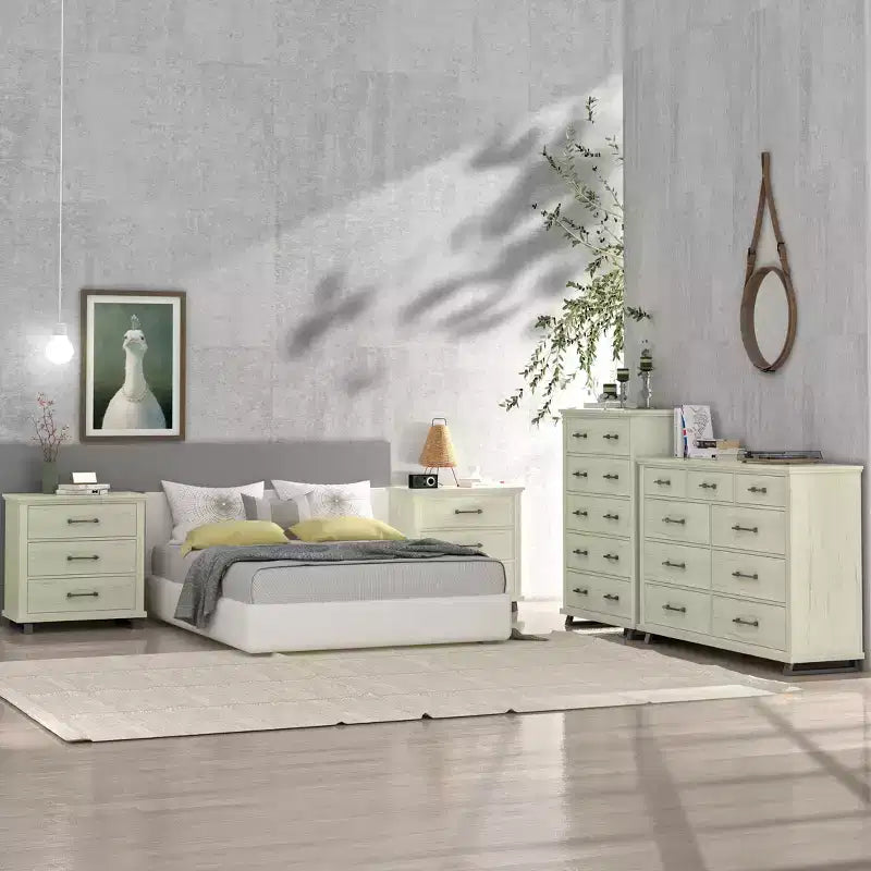 Ensemble Festivo de 4 meubles de chambre contemporains – commode, chiffonnier et table de chevet – coloris blanc cassé scié : inclut un espace de rangement et une commode horizontale