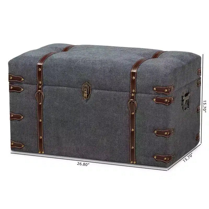 Pouf de rangement moderne de style transitoire en tissu rembourré gris, avec couvercle relevable, structure en métal, style vintage