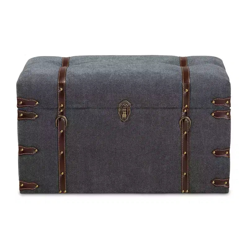 Pouf de rangement moderne de style transitoire en tissu rembourré gris, avec couvercle relevable, structure en métal, style vintage
