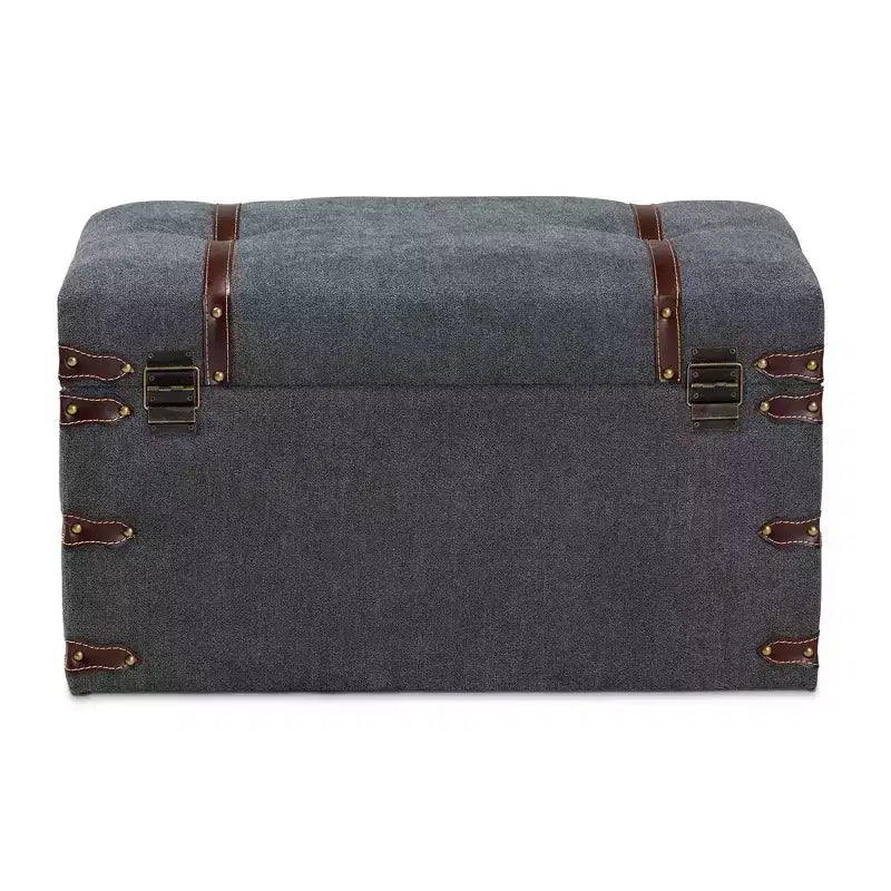 Pouf de rangement moderne de style transitoire en tissu rembourré gris, avec couvercle relevable, structure en métal, style vintage