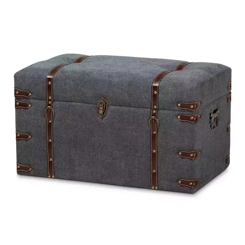 Pouf de rangement moderne de style transitoire en tissu rembourré gris, avec couvercle relevable, structure en métal, style vintage