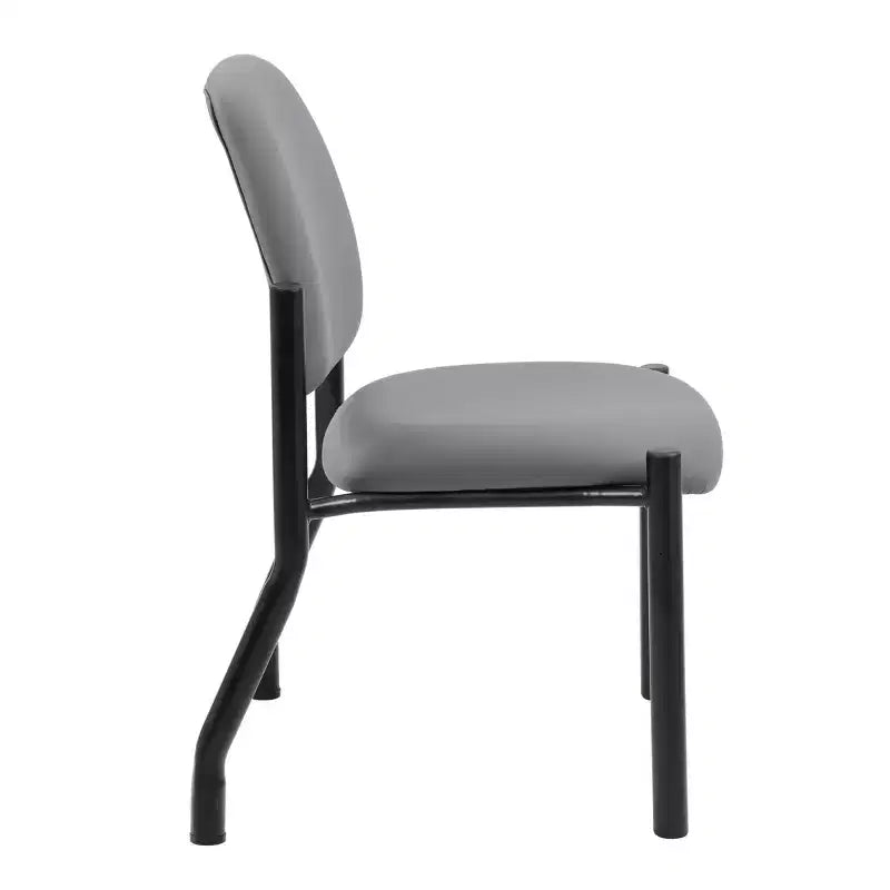 Chaise visiteur sans accoudoirs grise, dossier mi-haut robuste, vinyle antimicrobien, capacité de 136 kg