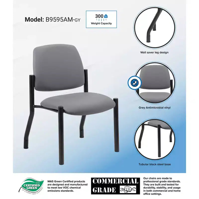 Chaise visiteur sans accoudoirs grise, dossier mi-haut robuste, vinyle antimicrobien, capacité de 136 kg
