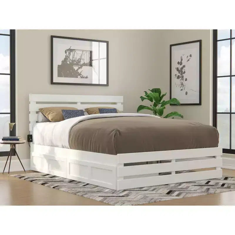 Grand lit avec tête et pied de lit, chargeur USB Turbo et 2 grands tiroirs de rangement, blanc, style campagnard, bois peint, conception plateforme