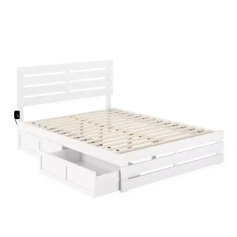 Grand lit avec tête et pied de lit, chargeur USB Turbo et 2 grands tiroirs de rangement, blanc, style campagnard, bois peint, conception plateforme