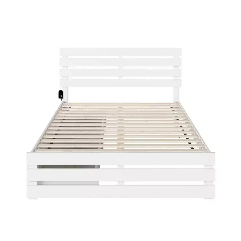 Grand lit avec tête et pied de lit, chargeur USB Turbo et 2 grands tiroirs de rangement, blanc, style campagnard, bois peint, conception plateforme