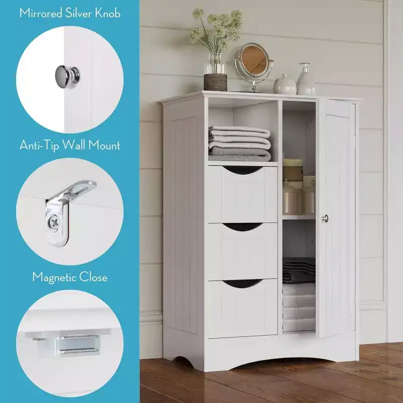 Meuble de rangement pour salle de bain et buanderie à une porte avec 3 tiroirs, étagère ouverte et réglable