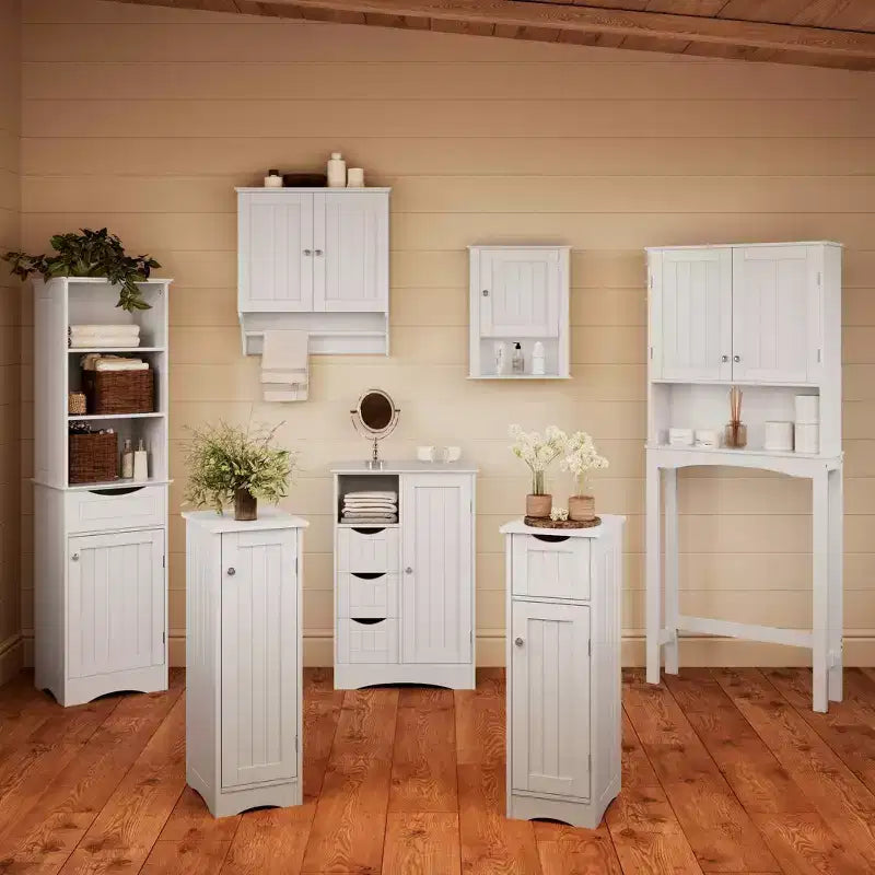 Meuble de rangement pour salle de bain et buanderie à une porte avec 3 tiroirs, étagère ouverte et réglable