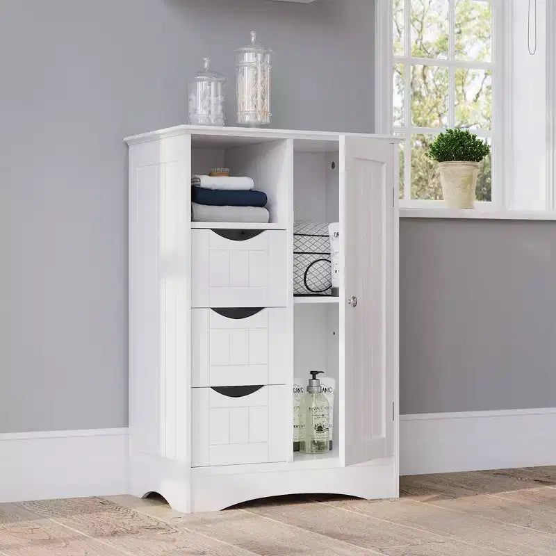 Meuble de rangement pour salle de bain et buanderie à une porte avec 3 tiroirs, étagère ouverte et réglable