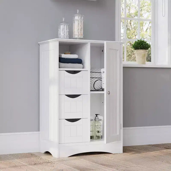 Meuble de rangement pour salle de bain et buanderie à une porte avec 3 tiroirs, étagère ouverte et réglable