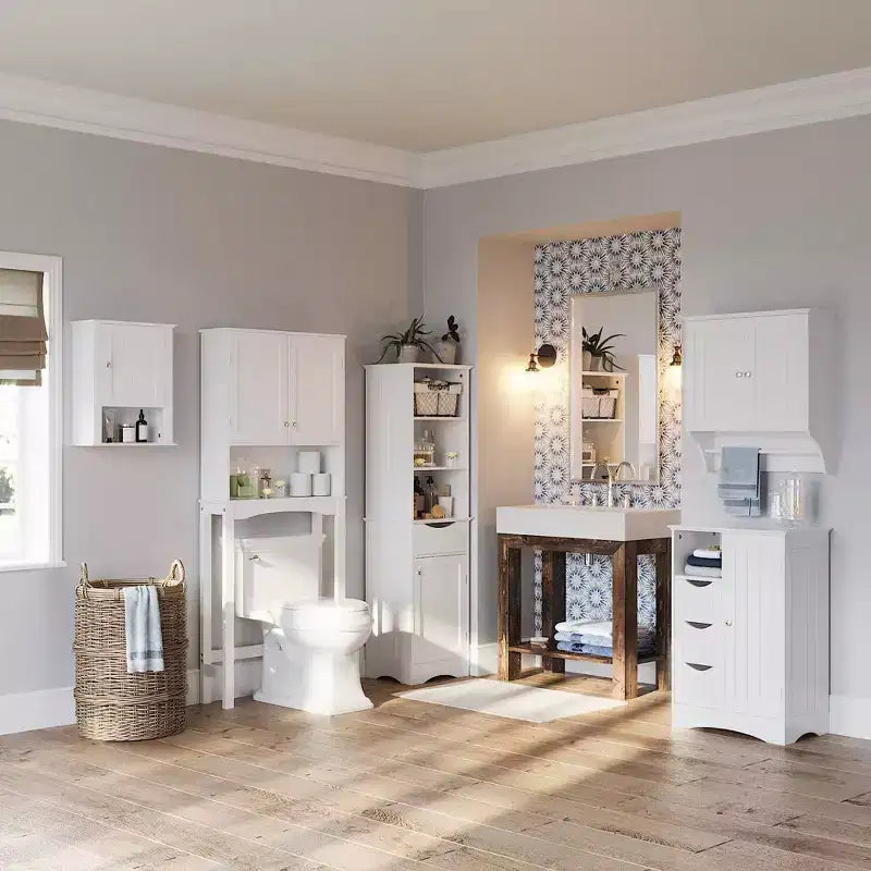 Meuble de rangement pour salle de bain et buanderie à une porte avec 3 tiroirs, étagère ouverte et réglable