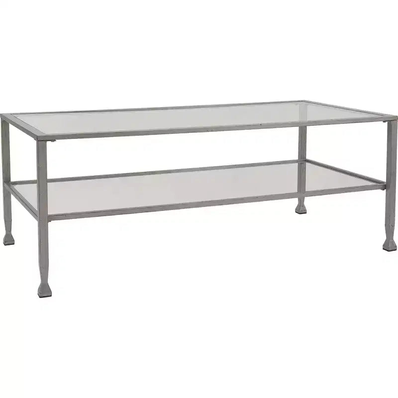 Table basse en verre et métal, plateau en verre trempé, cadre noir vieilli