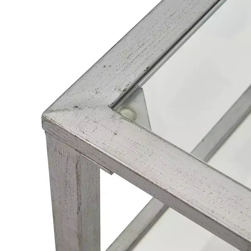 Table basse en verre et métal, plateau en verre trempé, cadre noir vieilli