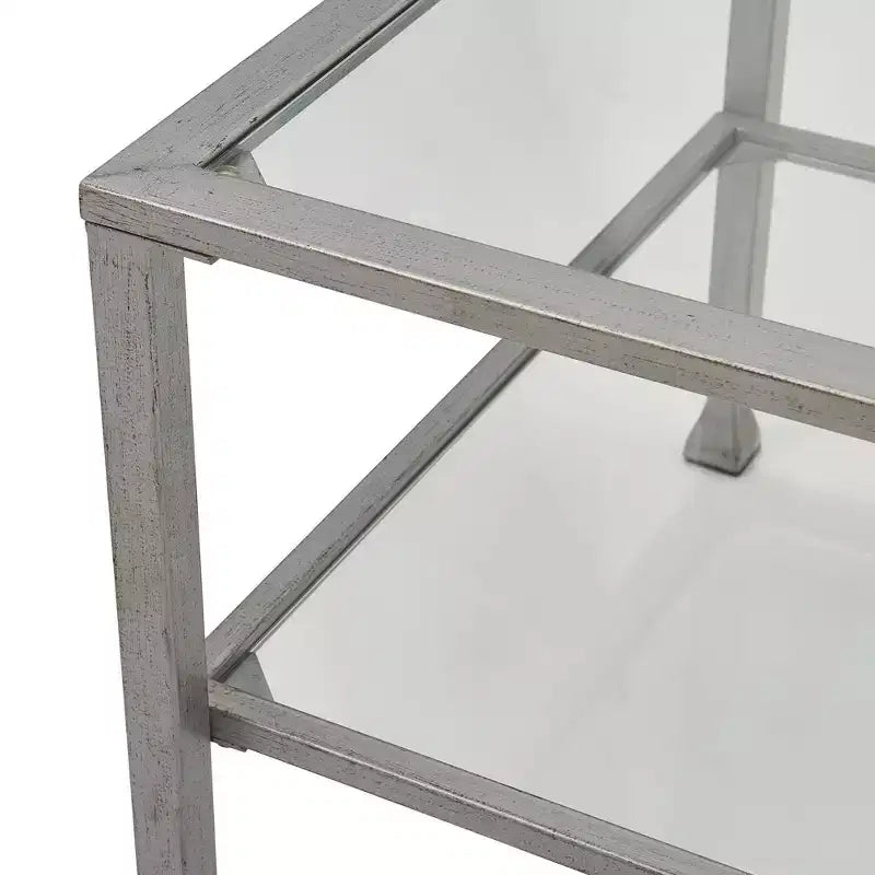 Table basse en verre et métal, plateau en verre trempé, cadre noir vieilli