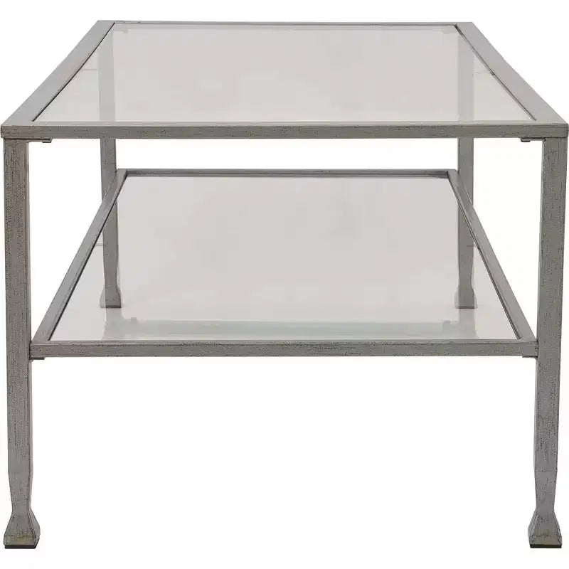 Table basse en verre et métal, plateau en verre trempé, cadre noir vieilli