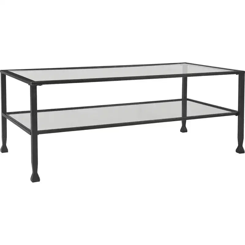 Table basse en verre et métal, plateau en verre trempé, cadre noir vieilli