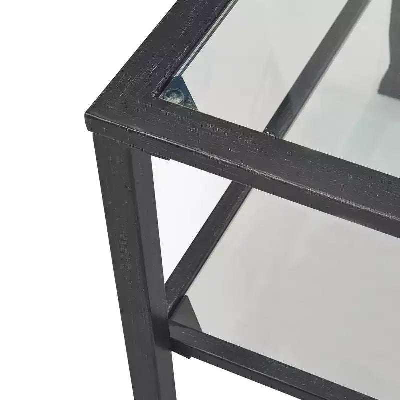 Table basse en verre et métal, plateau en verre trempé, cadre noir vieilli