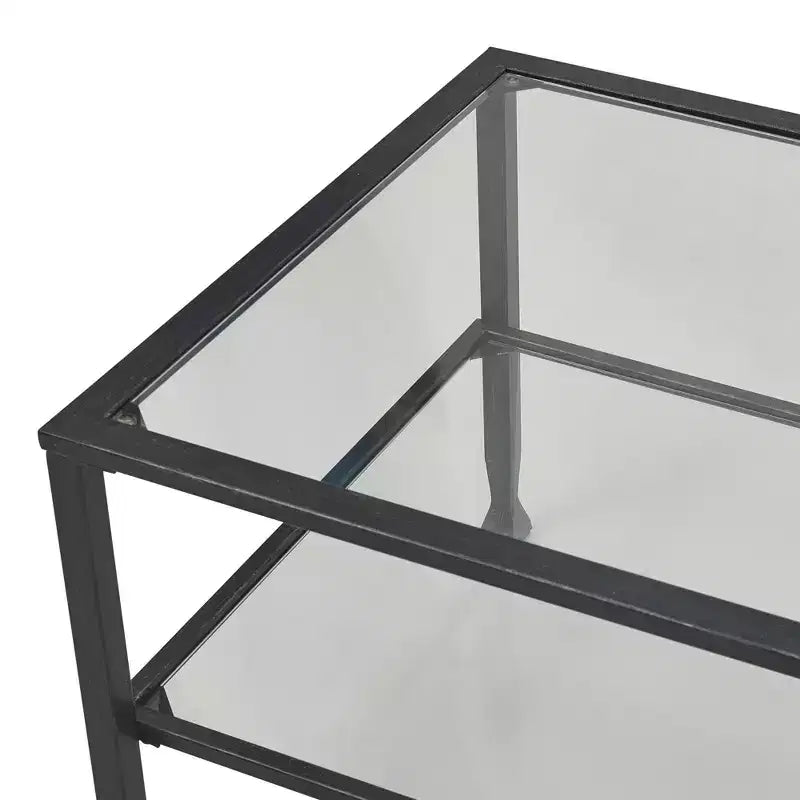 Table basse en verre et métal, plateau en verre trempé, cadre noir vieilli