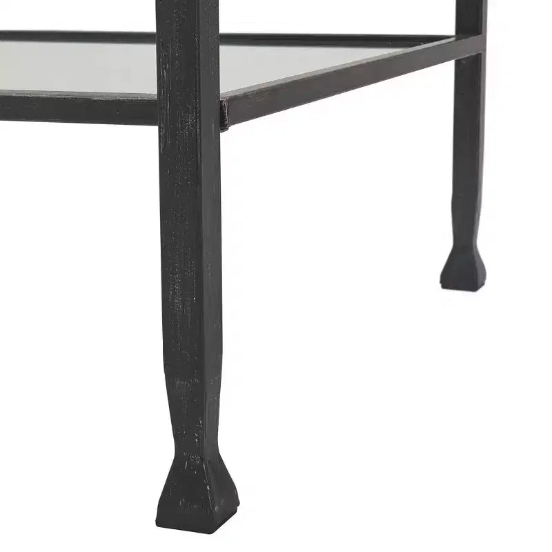 Table basse en verre et métal, plateau en verre trempé, cadre noir vieilli