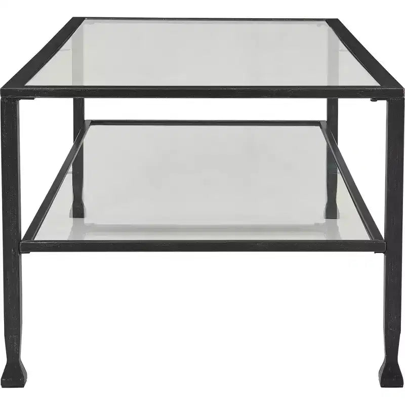 Table basse en verre et métal, plateau en verre trempé, cadre noir vieilli