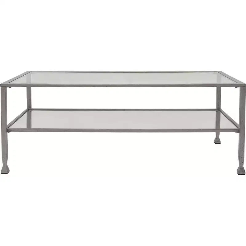 Table basse en verre et métal, plateau en verre trempé, cadre noir vieilli