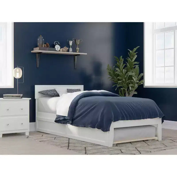 Lit plateforme double avec lit gigogne double XL, placage de noyer, support central renforcé