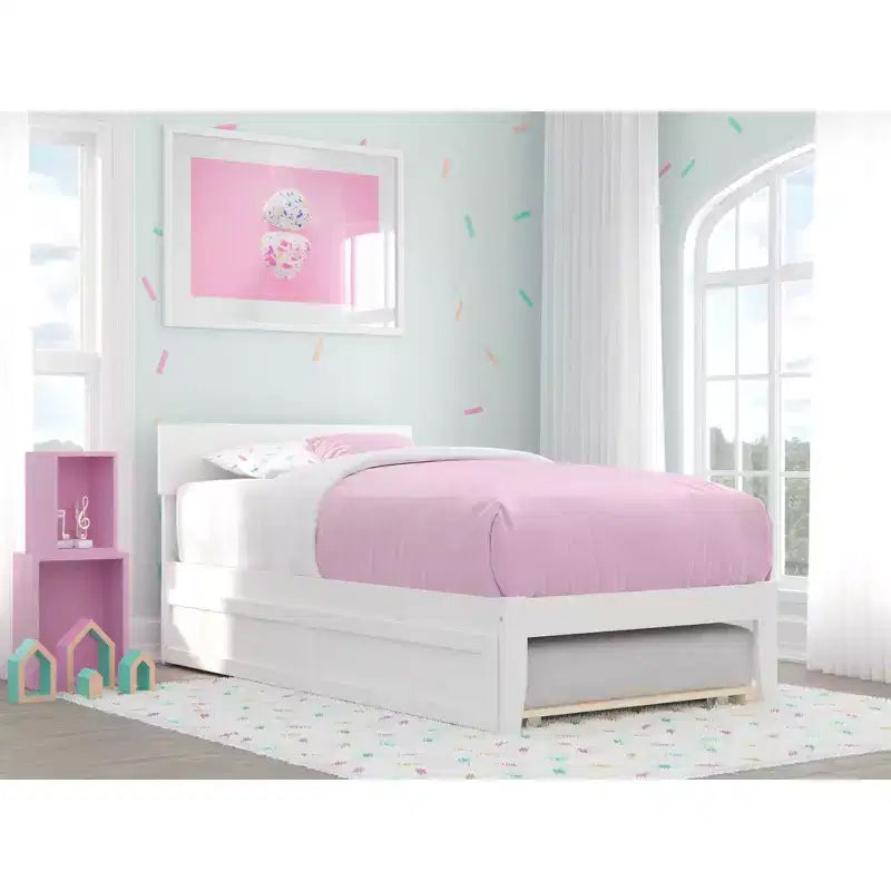 Lit plateforme double avec lit gigogne double XL, placage de noyer, support central renforcé