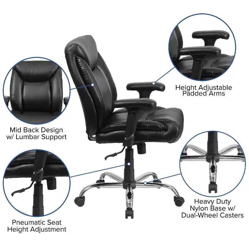 Fauteuil de bureau ergonomique à roulettes, grande taille, supportant 180 kg, avec siège capitonné profond et accoudoirs réglables