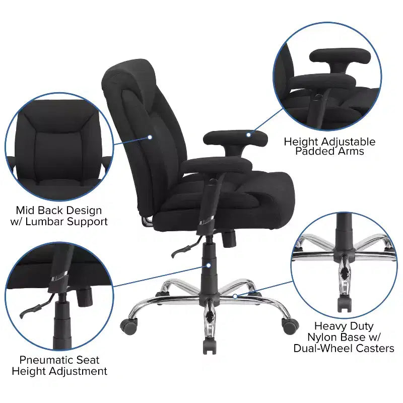Fauteuil de bureau ergonomique à roulettes, grande taille, supportant 180 kg, avec siège capitonné profond et accoudoirs réglables