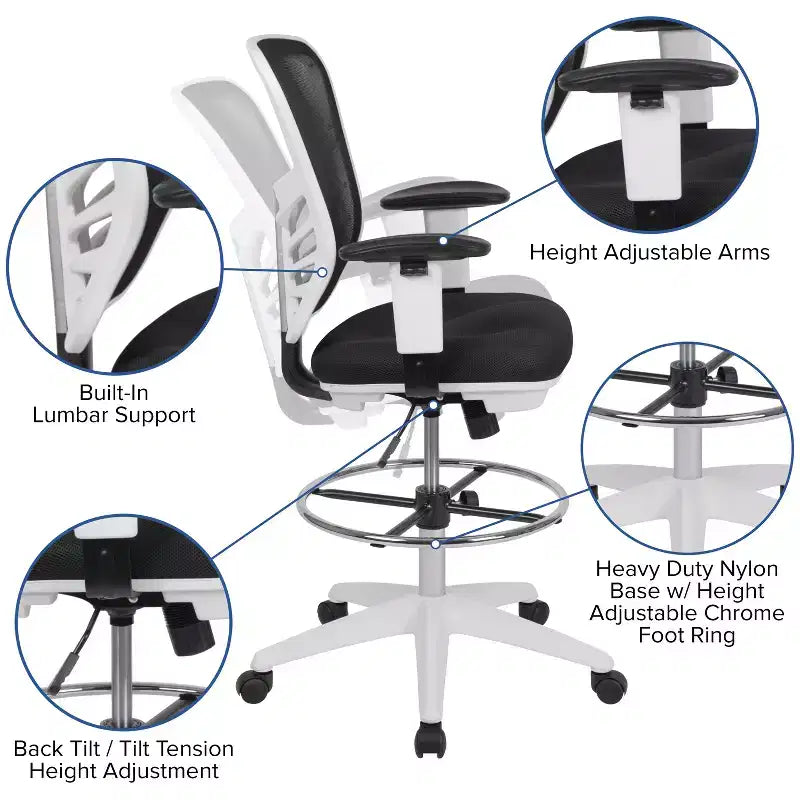 Chaise de bureau ergonomique à dossier mi-haut en maille avec repose-pieds chromé réglable et accoudoirs réglables