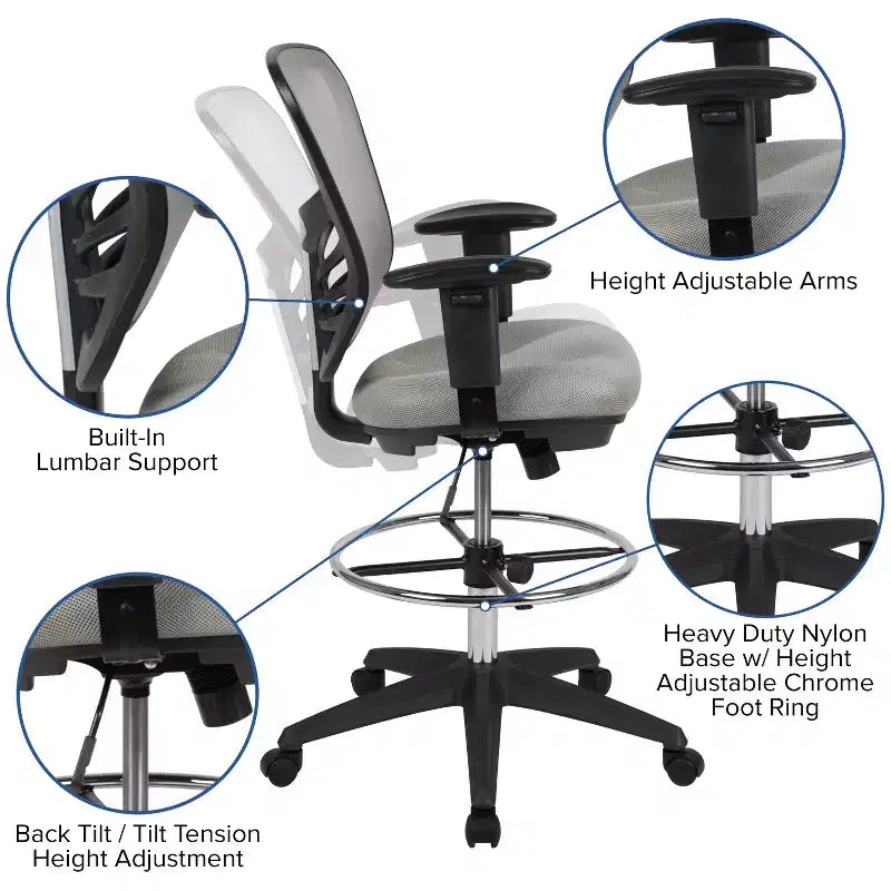 Chaise de bureau ergonomique à dossier mi-haut en maille avec repose-pieds chromé réglable et accoudoirs réglables
