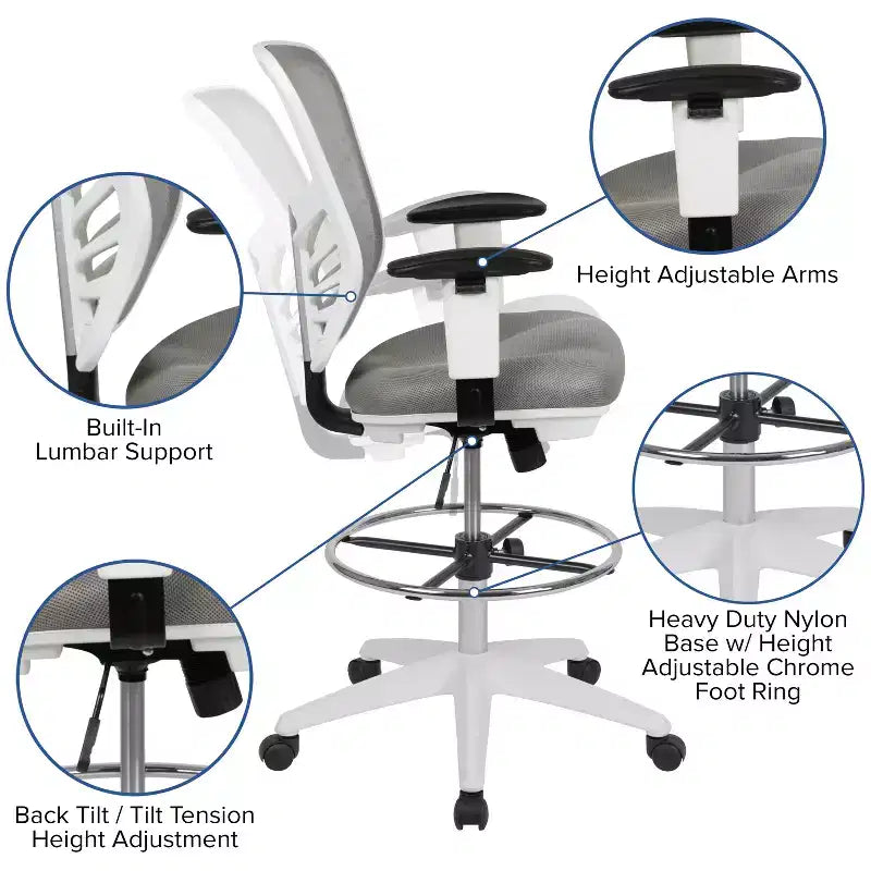 Chaise de bureau ergonomique à dossier mi-haut en maille avec repose-pieds chromé réglable et accoudoirs réglables