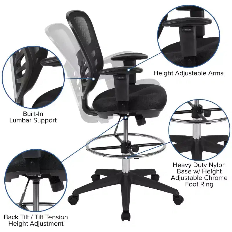 Chaise de bureau ergonomique à dossier mi-haut en maille avec repose-pieds chromé réglable et accoudoirs réglables
