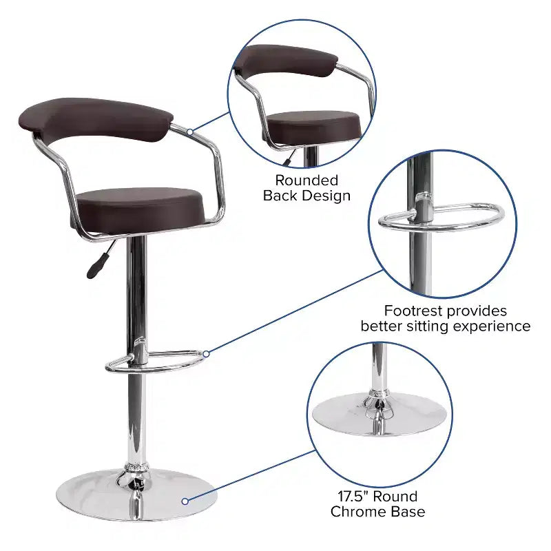 Tabouret de bar contemporain en vinyle réglable en hauteur avec accoudoirs et piètement chromé