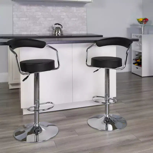 Tabouret de bar contemporain en vinyle réglable en hauteur avec accoudoirs et piètement chromé