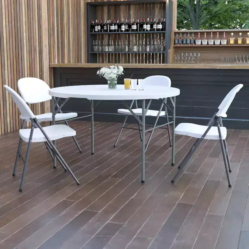 Table de réception pliable en plastique blanc imitation granit de 1,2 m de diamètre avec poignée