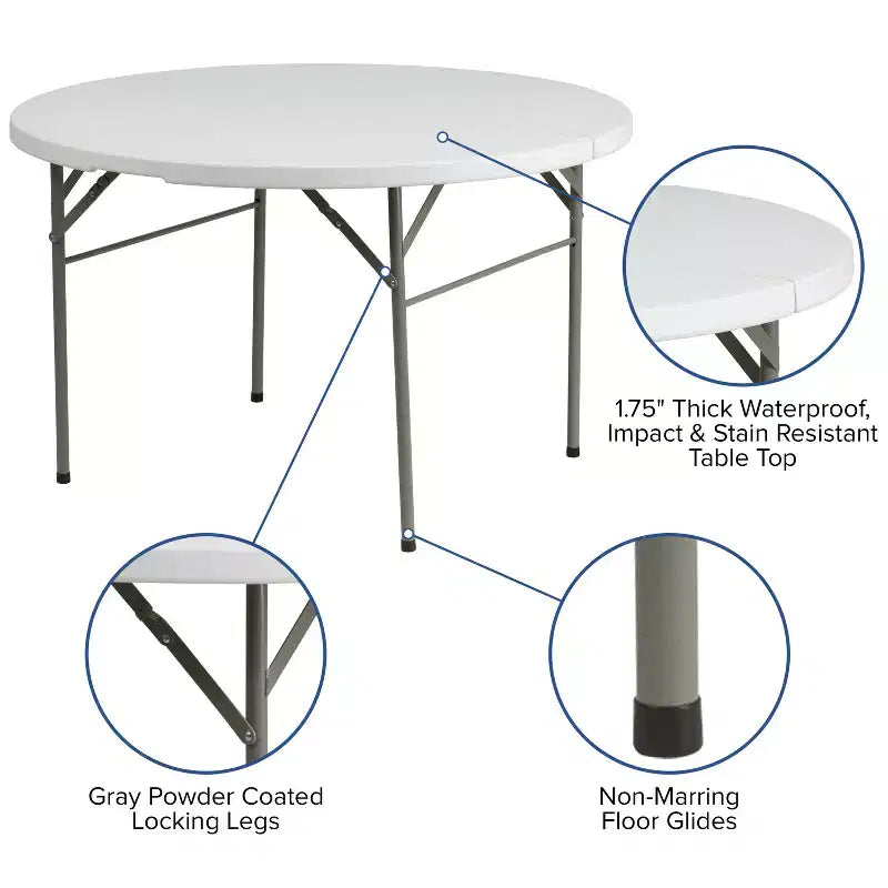 Table de réception pliable en plastique blanc imitation granit de 1,2 m de diamètre avec poignée