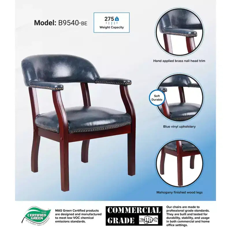 Chaise de capitaine, assise et dossier rembourrés en vinyle, garniture cloutée, cadre en bois massif, capacité de 125 kg