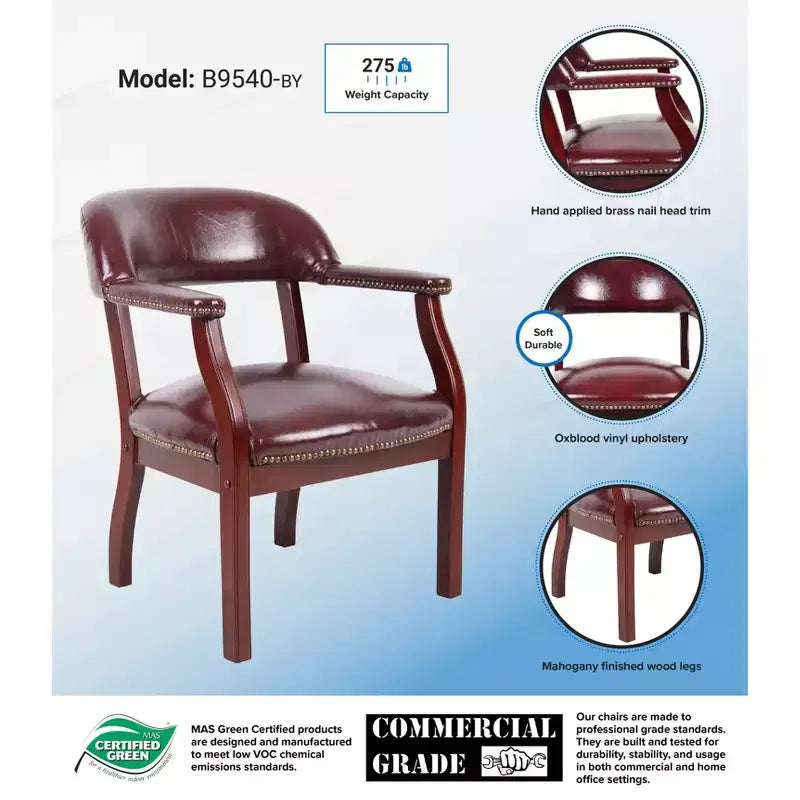 Chaise de capitaine, assise et dossier rembourrés en vinyle, garniture cloutée, cadre en bois massif, capacité de 125 kg
