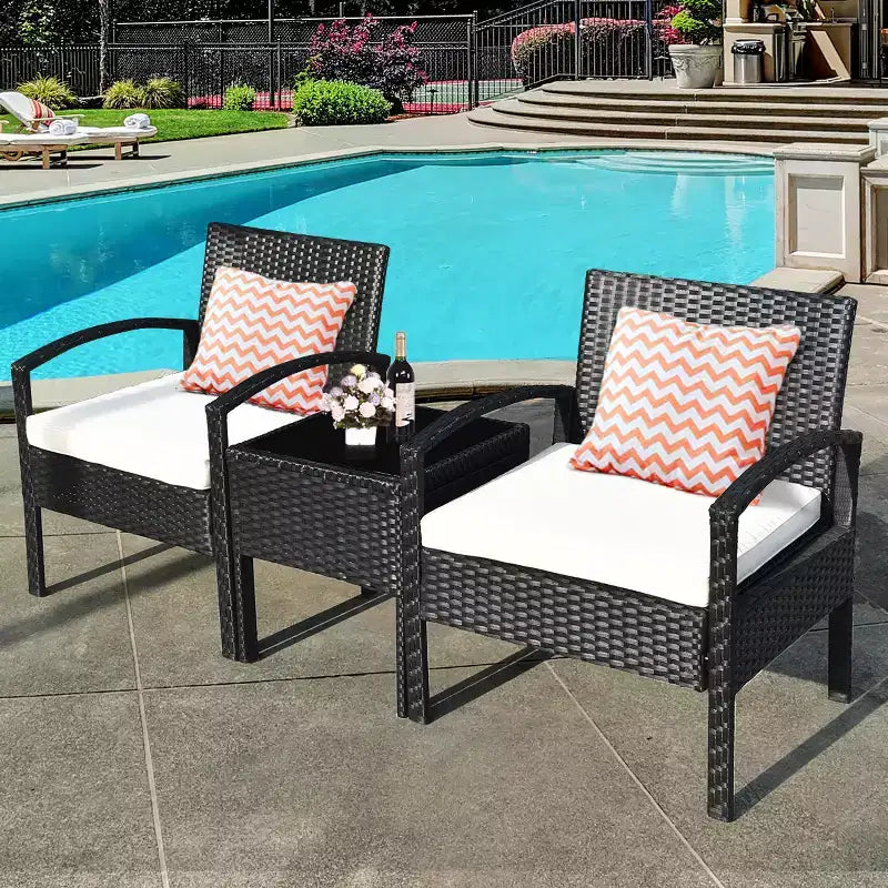 Costway 3PCS Patio Rattan Furniture Set Table & Chairs Set with Thick Cushions Garden