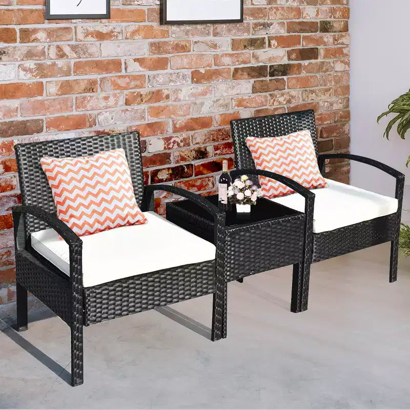 Costway Salon de Jardin 3 Pièces en Rotin, Table et Chaises avec Coussins Épais