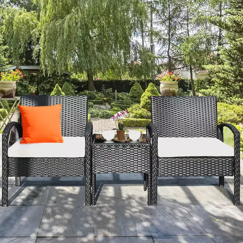 Costway Salon de Jardin 3 Pièces en Rotin, Table et Chaises avec Coussins Épais
