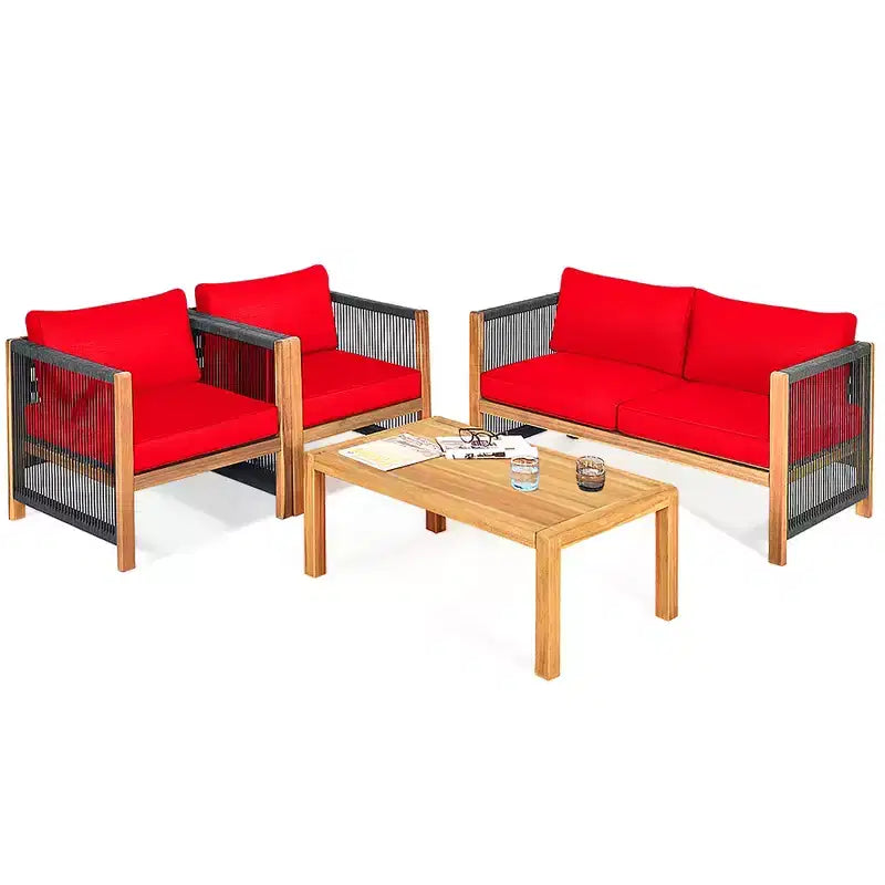 Ensemble de mobilier de jardin 8 pièces Costway avec coussins, accoudoirs en corde, blanc/turquoise/rouge