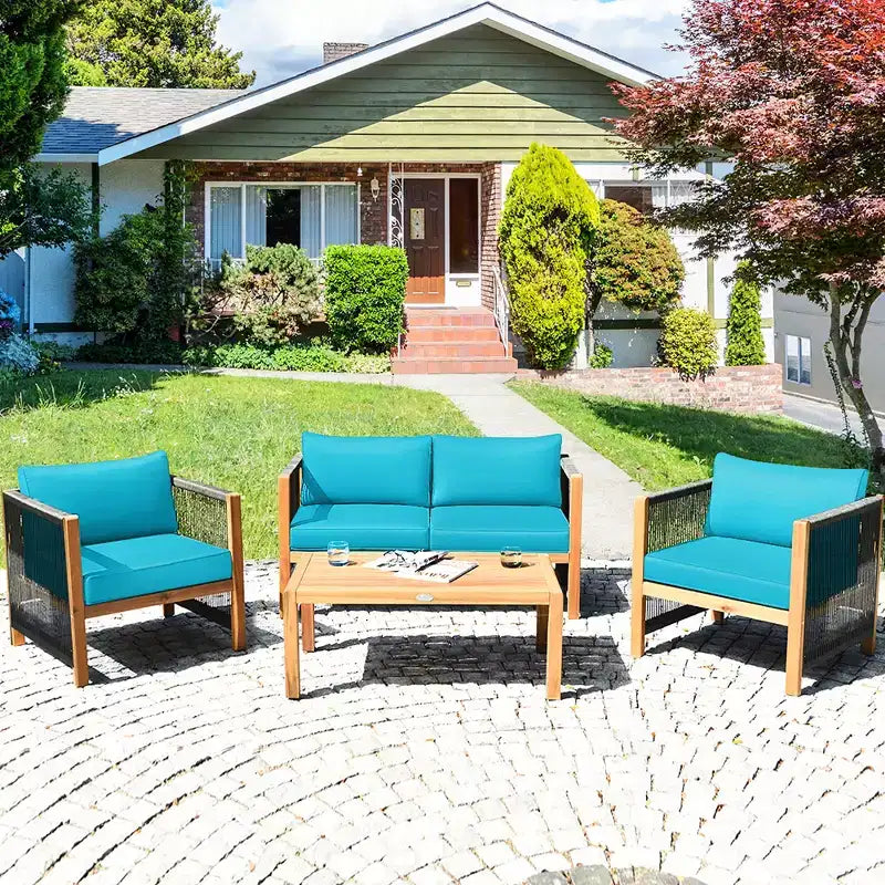 Ensemble de mobilier de jardin 8 pièces Costway avec coussins, accoudoirs en corde, blanc/turquoise/rouge