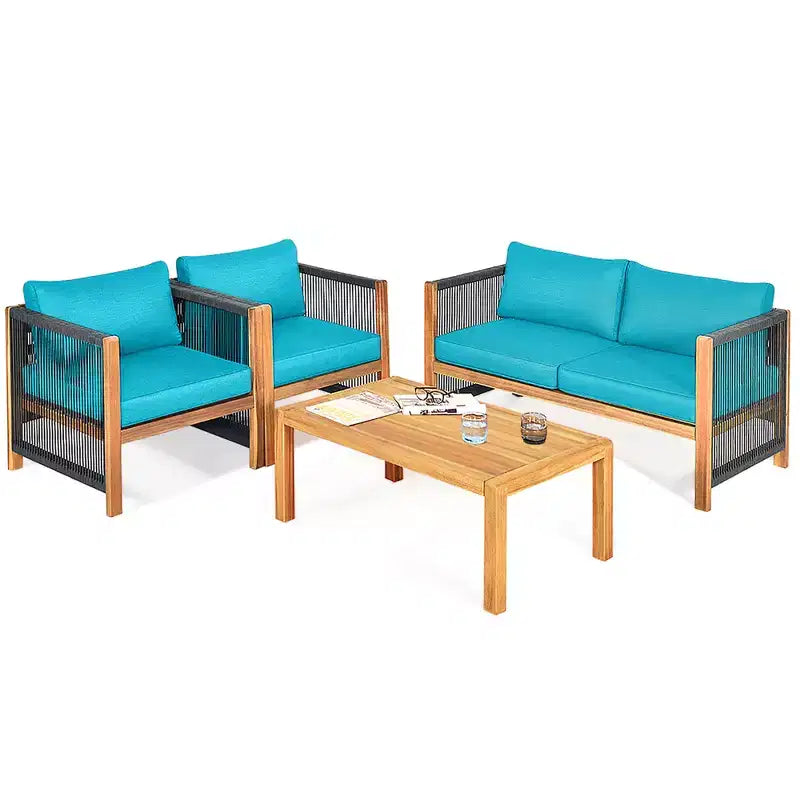 Ensemble de mobilier de jardin 8 pièces Costway avec coussins, accoudoirs en corde, blanc/turquoise/rouge