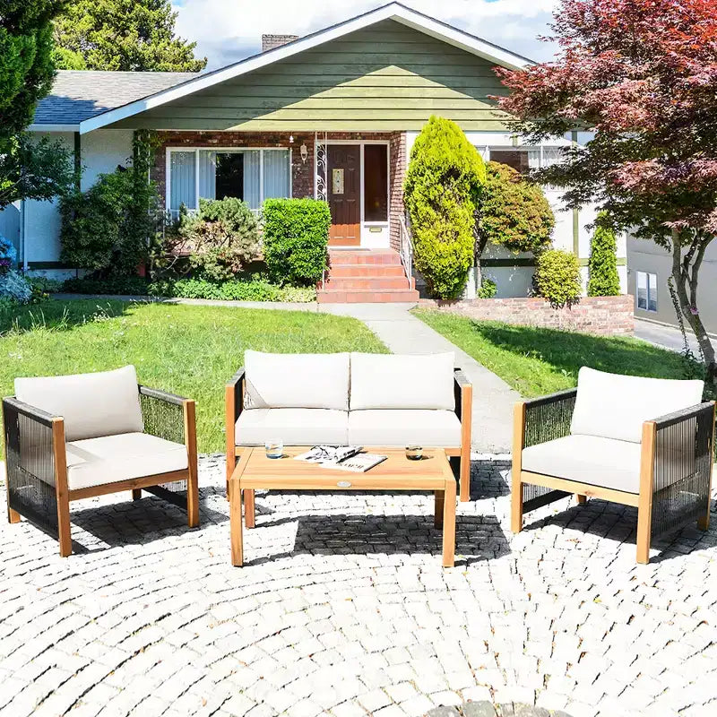 Ensemble de mobilier de jardin 8 pièces Costway avec coussins, accoudoirs en corde, blanc/turquoise/rouge