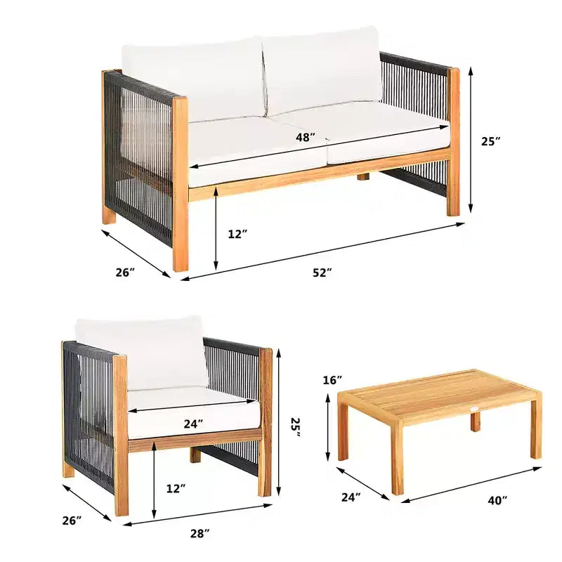 Ensemble de mobilier de jardin 8 pièces Costway avec coussins, accoudoirs en corde, blanc/turquoise/rouge